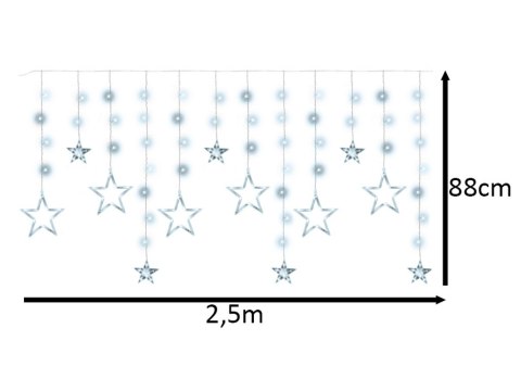 Lampki LED kurtyna gwiazdki świąteczne choinkowe 2,5m 138LED zimny biały 8 trybów świecenia