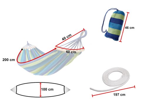 Hamak jednoosobowy 200x100 z drążkiem wzmocniony + zestaw montażowy
