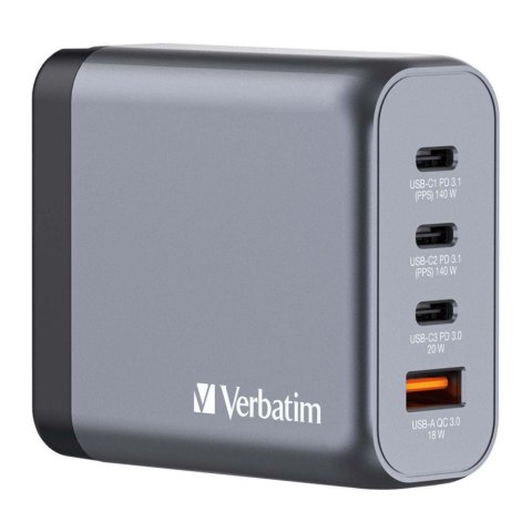 Ładowarka sieciowa Verbatim GaN GNC-140 3xUSB-C PD (2x140W+20W) 1xUSB-A QC 3.0 Ładowarka sieciowa Verbatim GaN GNC-140 3xUSB-C PD (2x140W+20W) 1xUSB-A QC 3.0