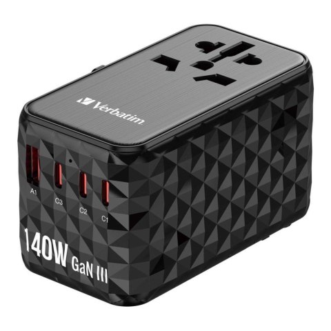 Adapter podróżny Verbatim UTA-10 GaN III globalny 2xUSB-C PD 3.1 QC 4+ 140W, 1xUSB-C PD 3.0 18W, 1xUSB-A QC 3.0 18W Adapter podróżny Verbatim UTA-10 GaN III globalny 2xUSB-C PD 3.1 QC 4+ 140W, 1xUSB-C PD 3.0 18W, 1xUSB-A QC 3.0 18W
