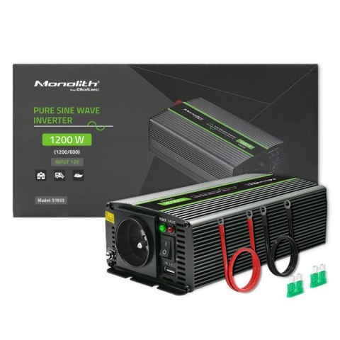 Przetwornica napięcia Qoltec Monolith | 600W | 1200W | 12V na 230V | Czysty Sinus Przetwornica napięcia Qoltec Monolith | 600W | 1200W | 12V na 230V | Czysty Sinus