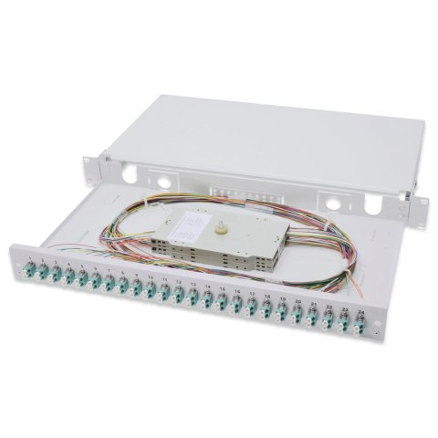 Przełącznica światłowodowa/Panel krosowy DIGITUS z wyposażeniem 19'' 1U, 24x LC dx, OM3, pigtaile, adaptery, tacki, wysuwany, sz Przełącznica światłowodowa/Panel krosowy DIGITUS z wyposażeniem 19'' 1U, 24x LC dx, OM3, pigtaile, adaptery, tacki, wysuwany, sz