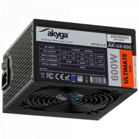 Zasilacz ATX 600W Akyga Ultimate AK-U4-600 80+ Bronze Fan12cm P8 6xSATA Zasilacz ATX 600W Akyga Ultimate AK-U4-600 80+ Bronze Fan12cm P8 6xSATA